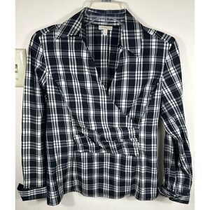 Talbots Academia Black‎ White Plaid Wrap Front Top Women's 4 Fitted Silhouette